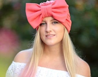 Coral Turban Headwrap with Bow - Women's Hair Turbans - Fashion Turban Head Covering - Lots of Colors