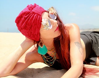 Encaje Turban - Rosa Roja de mujer Floral Impresión Turban - Turban Hair Wrap - Full Turbans - Boho Headwrap