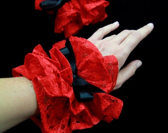 Red Lace Wrist Cuffs with Black Satin Bows - Victorian, Edwardian, Burlesque, Cosplay, or Steampunk Costume Accessories - Lots of Colors