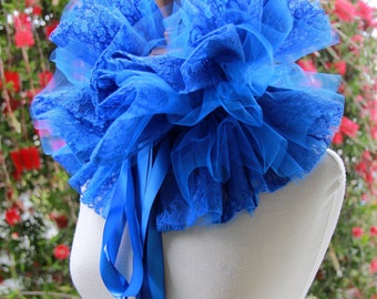 Royal Blue Neck Ruff Collar in Lace and Tulle - Steampunk, Cosplay, or Victorian Fashion Collars - Elizabethan Neck Ruffle - Fantasy Fashion