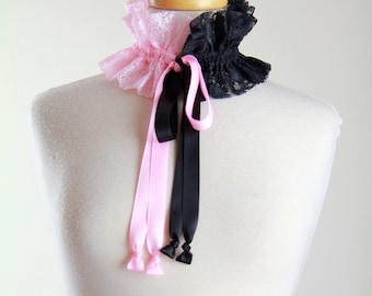 Pink and Black Choker Collar - Victorian Style Neck Ruff with Satin Ties - Gothic, Burlesque, Steampunk, Cosplay Costume Collars