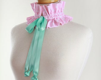 Cotton Candy Collar in Pink and White Polka Dot Print - Aqua Satin Ties - Victorian Choker or Neck Ruff - Cottagecore, Circus, or Cosplay