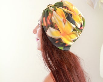 Organic Cotton Turban Headwrap in Plumeria Floral Print - Meditation or Yoga Full Turban Hat - Tropical Turban With Optional Jewel