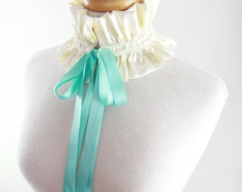 Victorian Collar in Ivory Satin Charmeuse with Aqua Ties - Balletcore Choker - Cottagecore Fashion Accessories - Lots of Colors