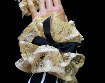 Gold Lace Wrist Cuffs - Victorian Style Cuffs in Champagne Gold - Lolita Fashion - Halloween Costume - Steampunk Cuffs