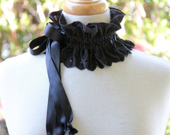 Victorian Collar in Black Cotton Eyelet with Satin Ties - Broderie Anglaise Statement Collar - Lots of Colors