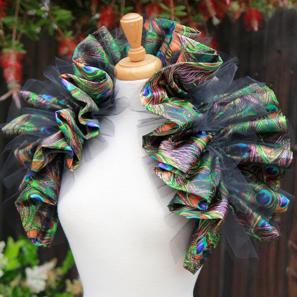 Peacock Costume Wings - Satin and Tulle Peacock Feather Print Collar or Shrug - Halloween or Cosplay