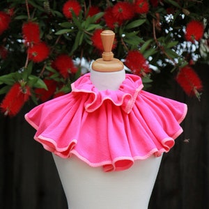 May include: A pink ruffled collar with a light pink trim. The collar is displayed on a white dress form.