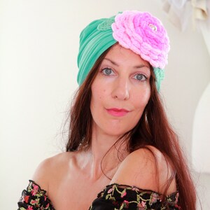 Turban with Flower Mint Green Cotton Head Wrap with Hot Pink and Baby Pink Crochet Rosette and Pearl Jewel Jeweled Turbans image 2