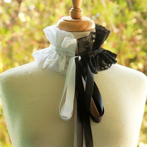 Black and White Lace Choker Collar - Victorian Style Neck Piece with Satin Ties - Gothic or Steampunk Collar