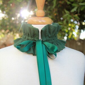 May include: A green ruffled collar with a matching green satin ribbon tied in a bow. The collar is displayed on a white mannequin.