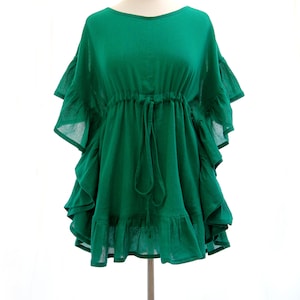 Robe de plage verte Kelly - Mini caftan à volants - Robe caftan en gaze de coton pour femmes - 28 couleurs
