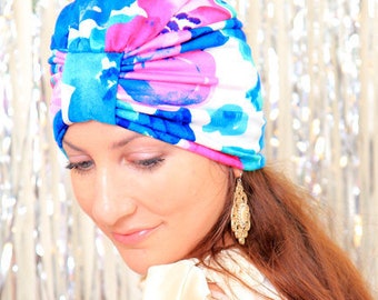 Floral Print Turban in Turquoise and Fuchsia - Women's Tropical Turban Head Wrap - Turban Hair Wrap for Women