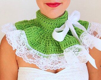 Spring Green Collar with White Lace - Neo-Victorian Fashion Neck Warmer - Women's Winter Neck Collars - Lots of Colors