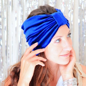 Velvet Turban Headband in Royal Blue Women's Bohemian Style Wide Headbands Optional Rhinestone Jewel image 2