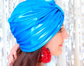 Turban Hat in Turquoise Blue Metallic - Women's Fashion Headwrap - Holiday Fashion Sparkle Turbans - NYE Style