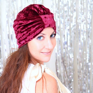 Turban Hat in Burgundy Wine Crushed Velvet - Women&#39;s Fashion Hair Wrap - Lots of Colors