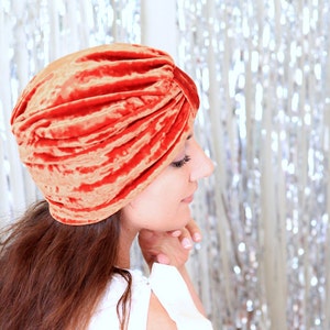 Crushed Velvet Turban Hat in Rust Orange Women's Fashion Hair Wrap Pumpkin Spice Lots of Colors image 1