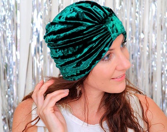 Turban Hat in Emerald Green Crushed Velvet - Fashion Hair Wrap - Lots of Colors
