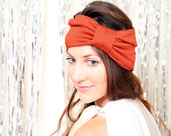 Women's Turban Headband with Bow - Jersey Knit Hair Wrap in Rust - Available in 24 Colors