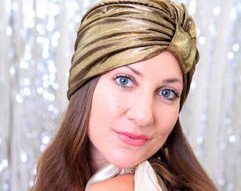 Turban Hat in Gold Metallic - Women’s Fashion Head Wrap - Sparkly Full Turbans - Mardi Gras Style
