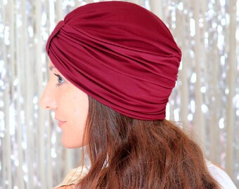 Burgundy Turban Hat -  Women's Headwrap in Wine Red Jersey Knit - Bohemian Style Hair Covering - Lots of Colors