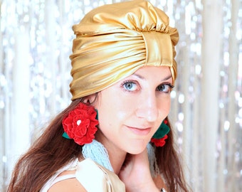 Mardi Gras Gold Turban Hat - Women's Metallic Headwrap - Holiday Party Style - Halloween Costume Hair Wrap