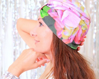 Turban Hat - Women's Organic Cotton Headwrap - Hydrangeas Floral Print Hair Wrap for Meditation or Yoga - Wearable Art