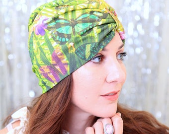 Turban Hat - Women's Organic Cotton Headwrap - Tropical Butterfly Print Hair Wrap - Fashion Turbans