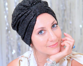 Sequin Turban Hat in Black by Mademoiselle Mermaid