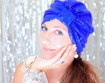 Sequin Turban Hat in Royal Blue - Sparkle Headwrap - Women's Bohemian Fashion Hair Wrap - Lots of Colors