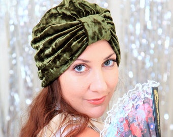 Turban in Olive Crushed Velvet - Women's Hair Turbans - Fashion Headwrap in Army Green - Lots of Colors