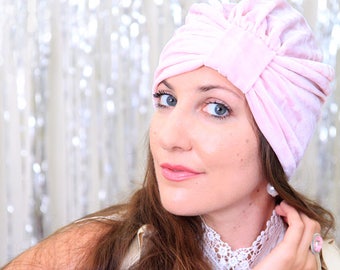 Turban Hat in Light Pink Crushed Velvet - Fashion Headwrap Turbans for Women by Mademoiselle Mermaid - Lots of Colors