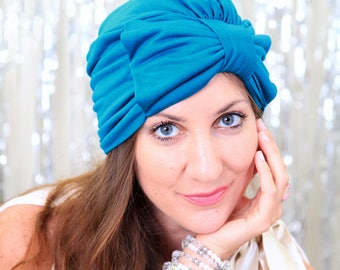 Turban Headwrap with Bow - Fashion Turbans for Women - Full Turban Hairwrap by Mademoiselle Mermaid - Teal Jersey Knit - Lots of Colors