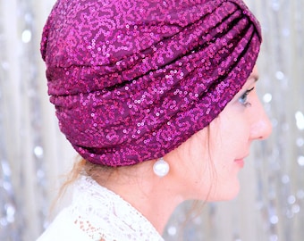 Women's Fashion Turban in Wine Sequins - Sequin Hair Turbans by Mademoiselle Mermaid - Lots of Colors