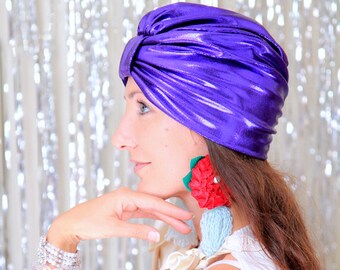 Turban - Womens Headwrap in Purple Metallic - Sparkly Full Turbans -  Holiday or New Years Eve Party Style