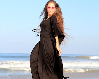 Black Kaftan Maxi Dress in Jersey Knit - Wicca or Witchcraft - Long Robe Style Dress  - Lots of Colors