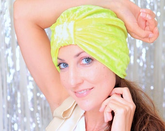 Crushed Velvet Turban in Chartreuse - Women's Fashion Hair Wrap - Neon Yellow - Lots of Colors