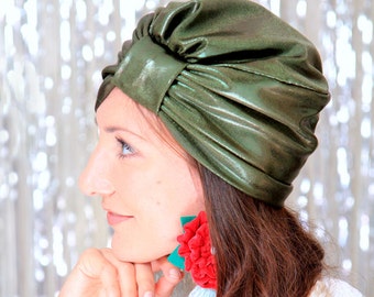 Olive Turban Hat - Women’s Dark Green Metallic Head Wrap - Holiday Fashion - Bohemian Style Hair Turbans - Lots of Colors