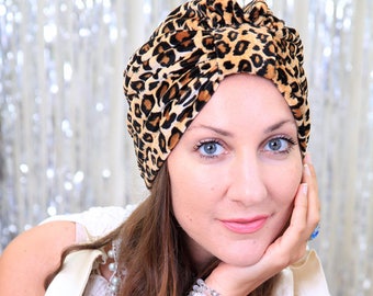 Leopard Print Turban in Velvet - Women’s Fashion Turbans - Animal Print Hair Wrap - Bohemian Hair Accessories