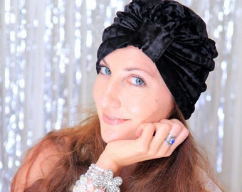 Black Turban Hat in Crushed Velvet - Women's Fashion Headwrap - Bohemian Style Hair Accessories - Lots of Colors