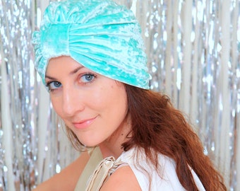 Turban Hat in Mint Green Crushed Velvet - Fashion Hair Wrap - Lots of Colors