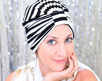 Black and White Striped Turban - Women's Fashion Hair Warp in Retro Stripes Print