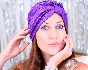 Fashion Turban in Purple Sequins - Head Turbans for Women - Sparkle Hair Wrap - Lots of Colors