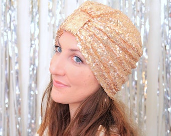 Mode tulband in licht goud pailletten - Sparkly bohemien stijl haar Wrap - Sequin haaraccessoires