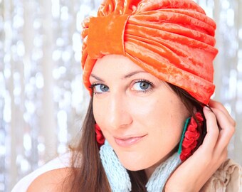 Orange Turban Hat - Crushed Velvet Hair Turbans - Bohemian Style Fashion Headwrap - Lots of Colors
