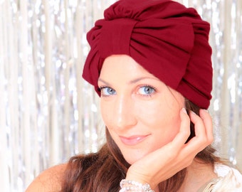 Burgundy Turban Hat with Bow - Womens Turban Headwrap - Fashion Hair Covering - Full Turban in Jersey Knit - Lots of Colors