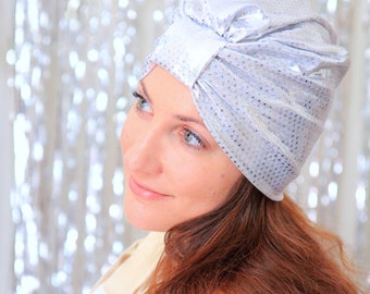 Hair Turban in Silver Metallic with Sparkle Dots - Women’s Fashion Headwrap - Iridescent Hair Accessories - Ready to Ship