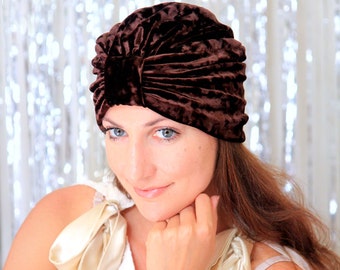 Turban Hat in Chocolate Brown Crushed Velvet - Fashion Hair Wrap - Lots of Colors
