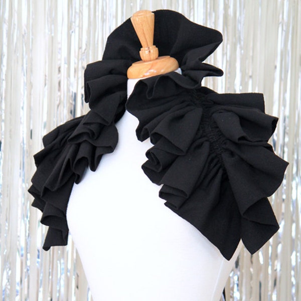 Infinity Scarf with Ruffles - Black Victorian Fashion Collar or Cowl by Mademoiselle Mermaid